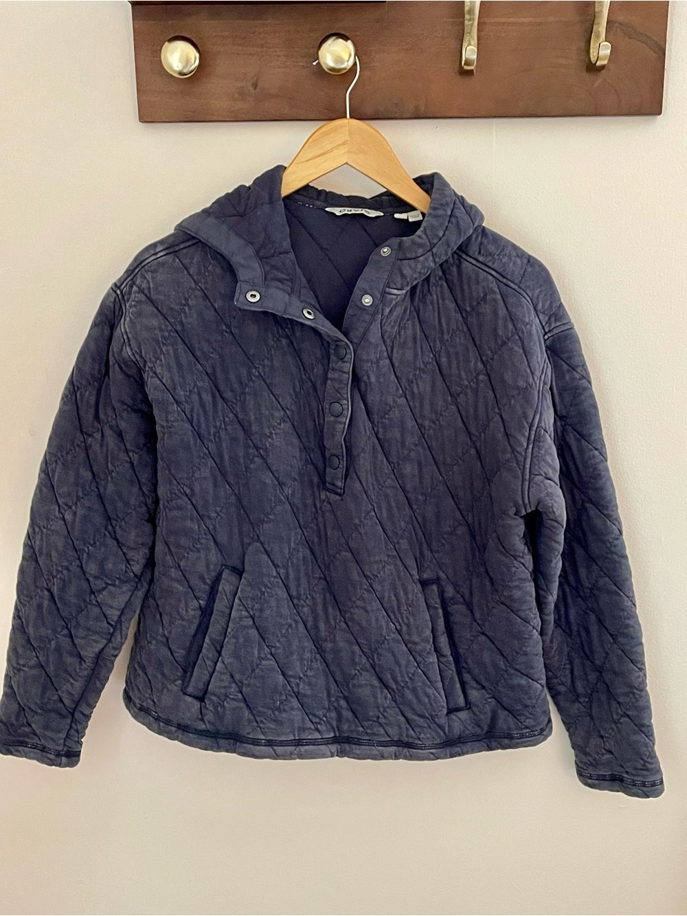 Orvis Quilted Hooded 3/4 Snap Pullover Blue Washed Cotton Large